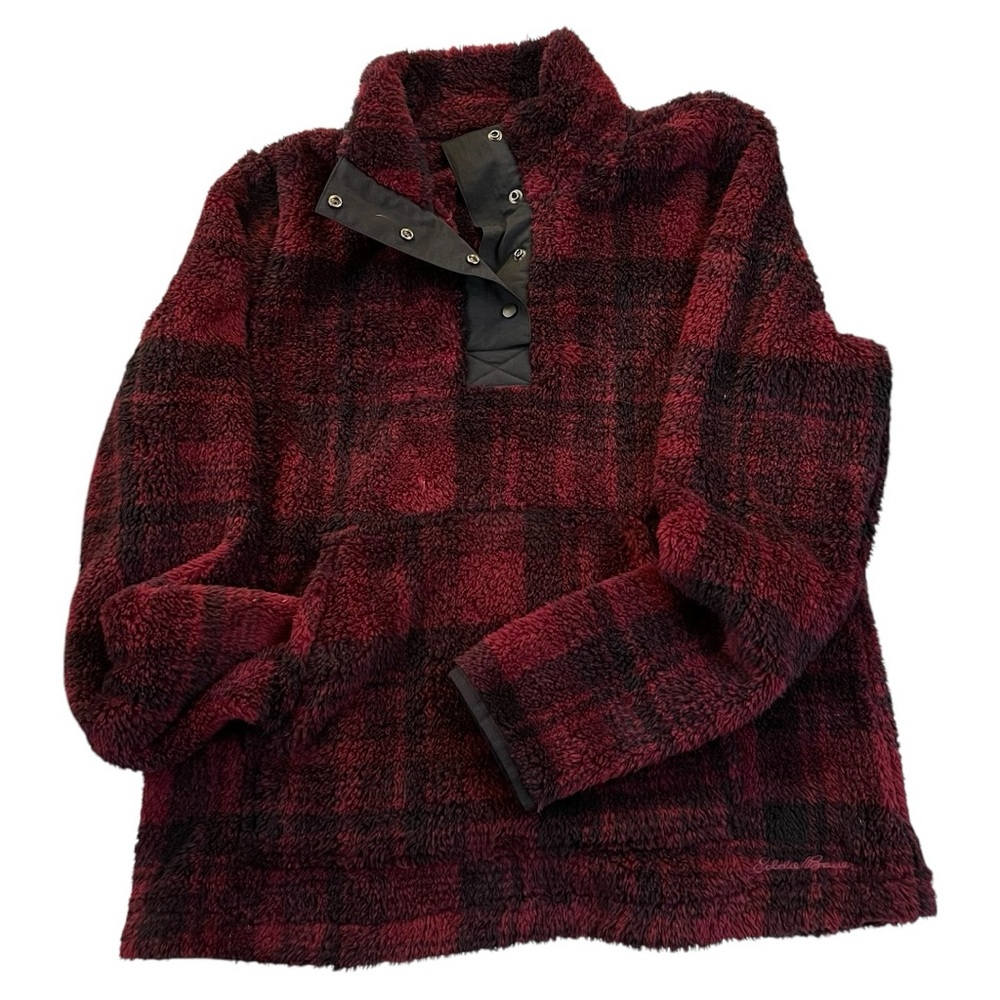 Eddie Bauer Fleece Pemba Snap Pullover Zinfandel/Black Plaid Size Medium